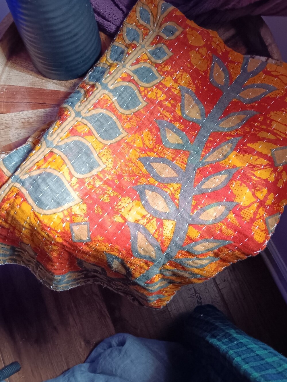 Handcrafted Orange and Teal Leaf-Print Quilt - Boho Home Bedding